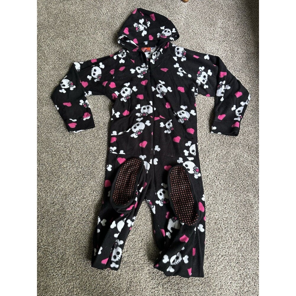 Footie Factory Women's Fleece One Piece Jumsuit Skulls Hearts Size 4